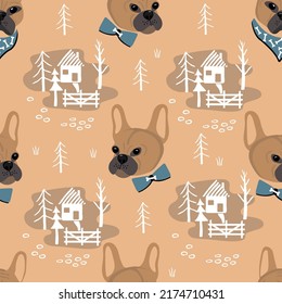 Seamless pattern  with dog heads in beige color and silhouette of trees,  houses and fence white color.Animal  background and texture for printing on fabric and paper.Vector flat cartoon illustration.