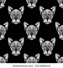 seamless pattern of dog heads in monochrome style
