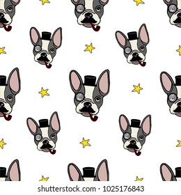 Seamless pattern with dog hipster and stars. Cute french bulldog. 