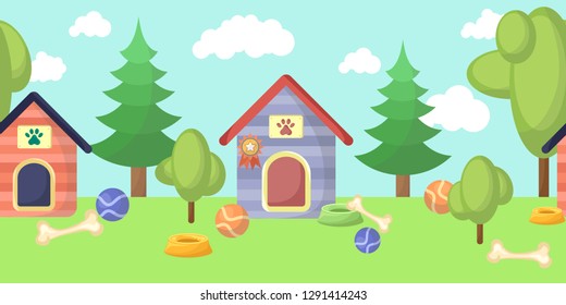 Seamless pattern. Dog houses and toys