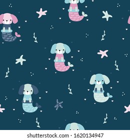 Seamless pattern with dog mermaid. Cute underwater print. Vector hand drawn illustration.