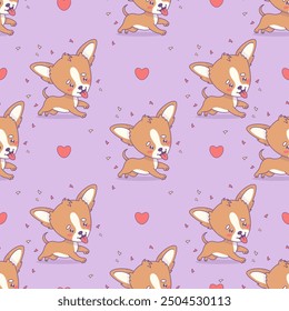 Seamless pattern with dog on purple background with hearts. Funny cartoon kawaii pet character. Vector illustration 