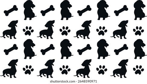 Seamless pattern Dog, paw, bone silhouette. Dachshund