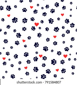 Seamless pattern dog paw and cat paw heart love puppy foot print kitten valentines day. Template for your design. Vector illustration. Isolated on white background
