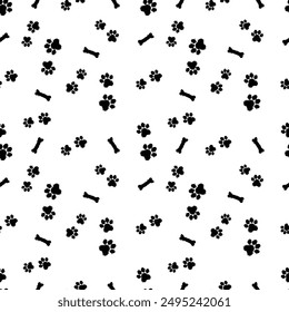 Seamless pattern with dog paw, footprint on white background.