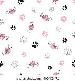 Seamless pattern with dog paw footprint and bones. Vector illustration.