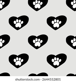 Seamless pattern. Dog paw inside heart. Vector hand drawn illustration.
