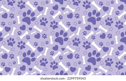 Seamless pattern with dog paw print, bone and hearts symbols