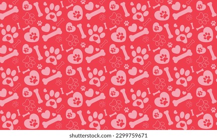 Seamless pattern with dog paw print, bone and hearts symbols on red background