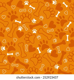Seamless pattern with dog paw print, bone and hearts. Orange background. Vector illustration