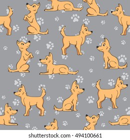 Seamless pattern dog and paw print on a gray background.