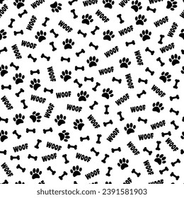 Seamless pattern of dog paw prints, bones and dog barking. Great for dog related products like fabric, wallpaper, backgrounds and decor. 