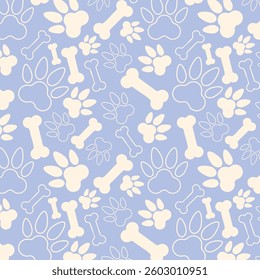 Seamless Pattern of Dog Paw Prints and Bones Vector Illustration.