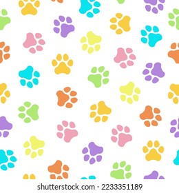 Seamless pattern. Dog paw. Vector illustration. Colorful paws ob white background. Texture for print, textile, fabric.