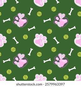 Seamless pattern with dog paws, bones, and tennis balls on a green background. Perfect for fabrics, packaging, pet products, and design projects. Fun and playful style for dog lovers!