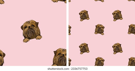 Seamless pattern with dog in a pocket, with paws only. Pink Packaging, textile, decoration, wrapping paper. Trendy hand-drawn funny brussels griffon dogs, square pattern. Pattern with dog faces.