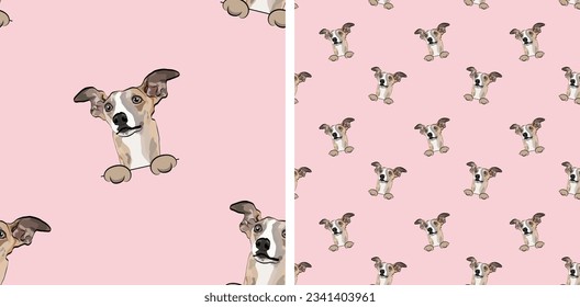 Seamless pattern with dog in a pocket, with paws only. Pink Packaging, textile, decoration, wrapping paper. Trendy hand-drawn funny Whippet dogs loking out, square pattern. Pattern with dog faces.