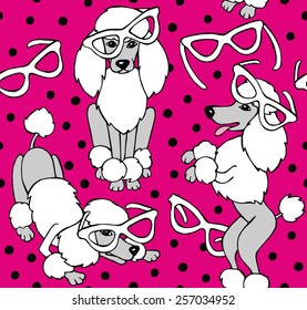 Seamless Pattern Dog Poodle with glasses Black & White & Pink