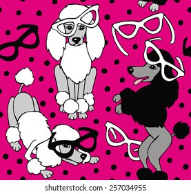 Seamless Pattern Dog Poodle with glasses Black & White & Pink