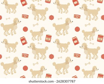 Seamless pattern with dog, Poodle, dog toys and food. Vector illustration concept of pet shop or shelter. Textile print, wrapping paper, background, wallpaper