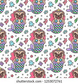 Seamless pattern with dog pug in a mermaid costume. With tail of a mermaid, crown, pearl, shell, coral, octopus and starfish. It can be used for packaging, wrapping paper, textile and etc. 