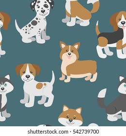 Seamless pattern with dog puppies stand and sit on blue background