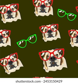 seamless pattern with a dog in red and green glasses