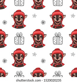 Seamless pattern with a dog. A dog in a red hat. Christmas winter Vector illustration