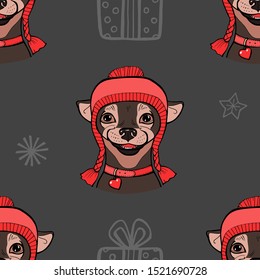 Seamless pattern with a dog. A dog in a red hat. Christmas winter Vector illustration