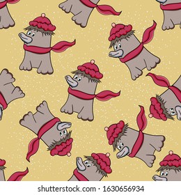 Seamless pattern with Dog in a red scarf and hat. Сartoon style