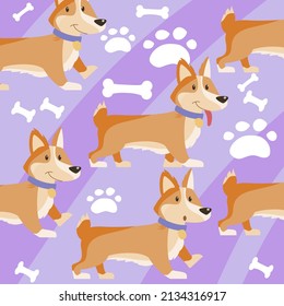 Seamless pattern with dog. Repeating image for printing on wrapping paper and linens. Charming fairy tale characters, background for pet shop or veterinary clinic. Cartoon flat vector illustration