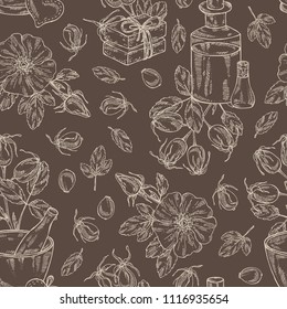 Seamless pattern with dog rose: branch of rose hip, dog rose berries, rosehip flowers and leaves. Dog rose. Oil, soap and bath salt . Cosmetics and medical plant. Vector hand drawn illustration