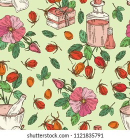 Seamless pattern with dog rose: branch of rose hip, dog rose berries, rosehip flowers and leaves. Dog rose. Oil, soap and bath salt . Cosmetics and medical plant. Vector hand drawn illustration