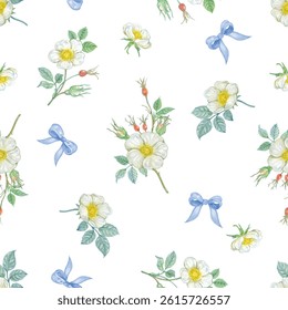 Seamless pattern  dog rose hand drawn watercolor painted .You can Edit background from eps file