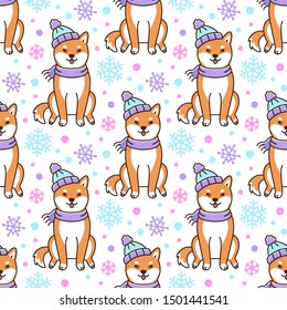 Seamless pattern with dog shiba inu in hat and scarf with snowflakes, on white background. Excellent design for packaging, wrapping paper, textile etc.