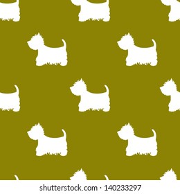 Seamless pattern with dog silhouettes on green background.  West highland terrier. Vector background.