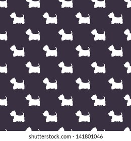 Seamless pattern with dog silhouettes on violet background. West highland terrier. Vector background.