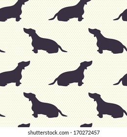 Seamless pattern with dog silhouettes on polka dot background. Dachshund. Vector background.