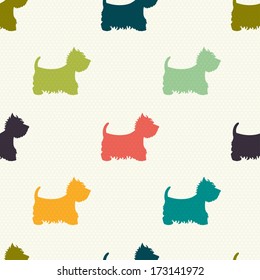 Seamless pattern with dog silhouettes on polka dot background. West highland terrier. Vector background.