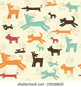 Seamless pattern with dog silhouettes on Dog paw background.  