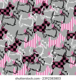 Seamless pattern with dog silhouettes on violet background. West highland terrier. Vector background.