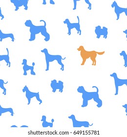 Seamless pattern with dog silhouettes.  Set of different breeds. Good for wallpaper, pattern fills, greeting cards, webpage backgrounds, wrapping paper and textile or fabric. Vector illustration. 