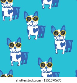 Seamless pattern with dog in the sunglasses. Background for textile, fabric, web, card, wrapping paper, girl and boy, teen and other design.