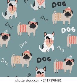 Seamless pattern with dog in the sunglasses. Background for textile, fabric, web, card, wrapping paper, girl and boy, teen and other design.