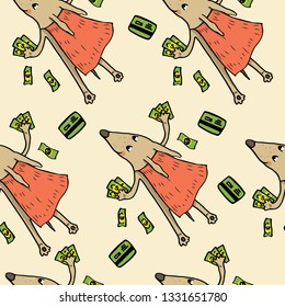 Seamless pattern - the dog is a superhero with money, shopping. Hand drawing for your design. For your advertising, websites, banners, postcards
