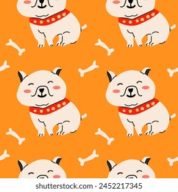 Seamless pattern with dog and supplies, vector illustration