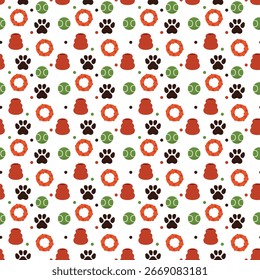 Seamless pattern with dog toy and paw print. pet animal supplies.