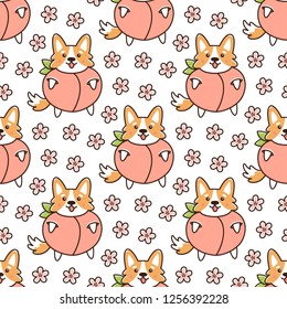 Seamless pattern with dog welsh corgi, in peach, with flowers on a white background. It can be used for packaging, wrapping paper, textile and etc.