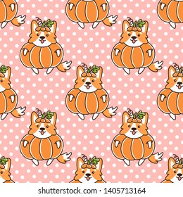 Seamless pattern with dog welsh corgi, in pumpkin, on a pink background with white dots. Excellent design for packaging, wrapping paper, textile, clothes and etc.