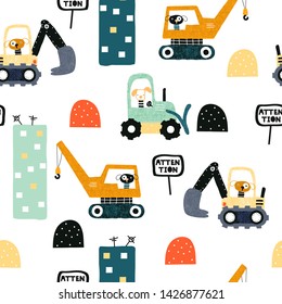 Seamless pattern with dog worker and heavy transports. Kids funny print. Vector hand drawn illustration.